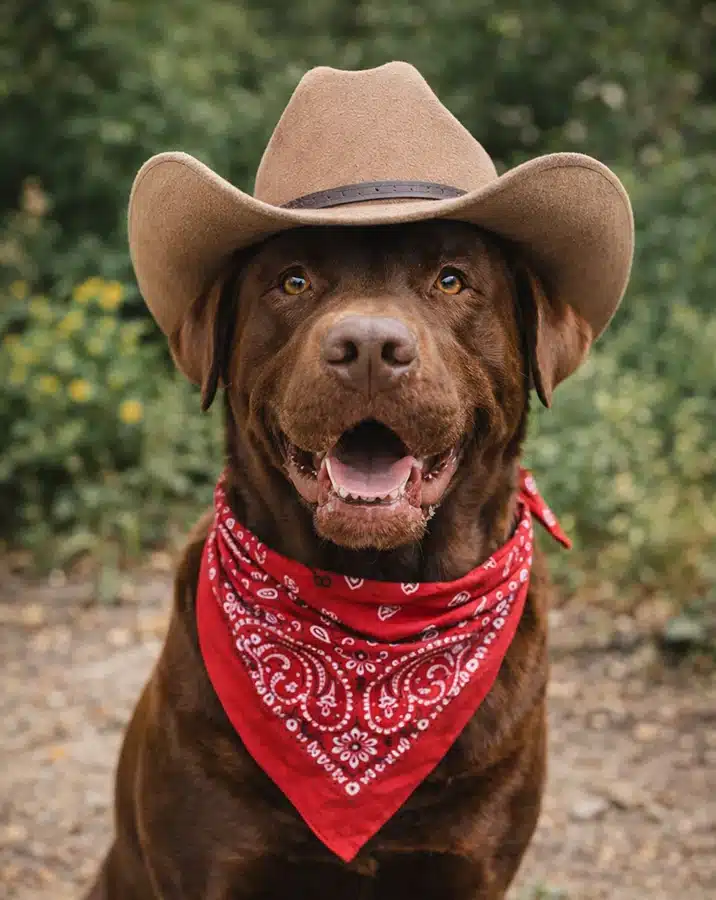 Tupelo, the English Labrador mascot of Luke's, in a cowboy hat and bandana